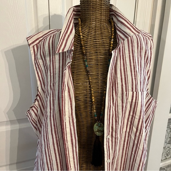 Sleeveless Tie Front ,Stripe Linen/Cotton Summer blouse , Sz XL - Picture 4 of 8